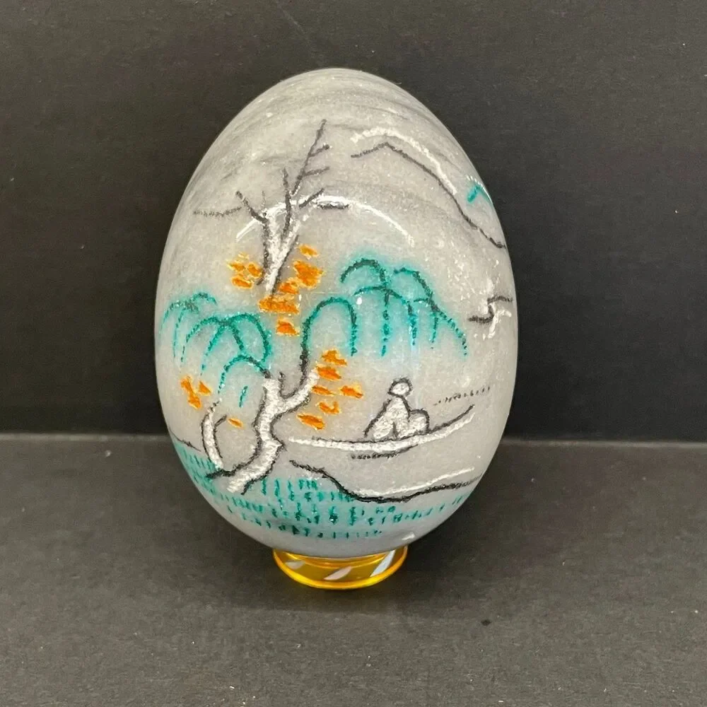 Hand Painted Marble Egg Stone Figurine Asian Landscape Art Decor